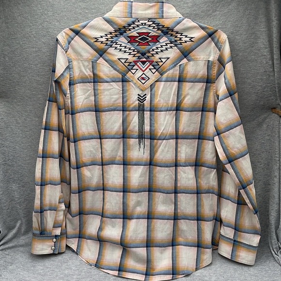 Wrangler Size Large Blue Gold Tan Long Sleeve Pearl Snap Shirt Western Aztec - Picture 6 of 6